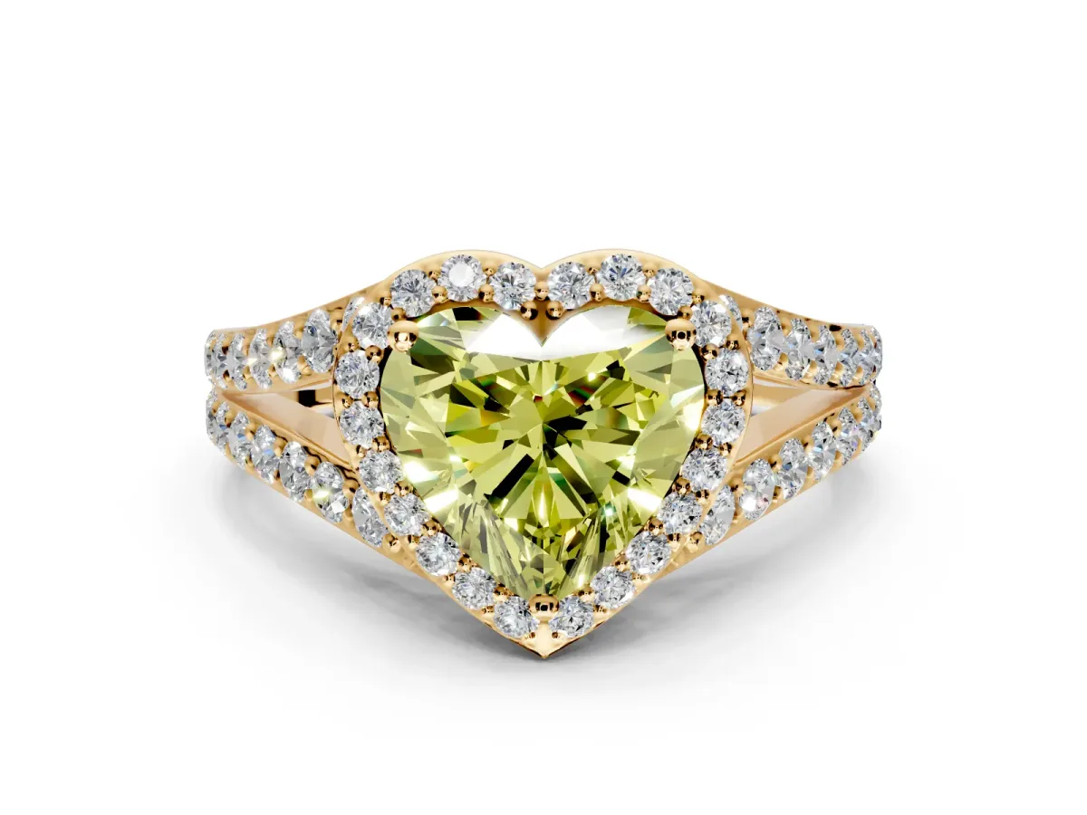 Halo Engagement Ring Setting for Fancy Yellow Heart-Shaped Center with Narrow Pave Split Shank and Prong Head in Yellow Gold