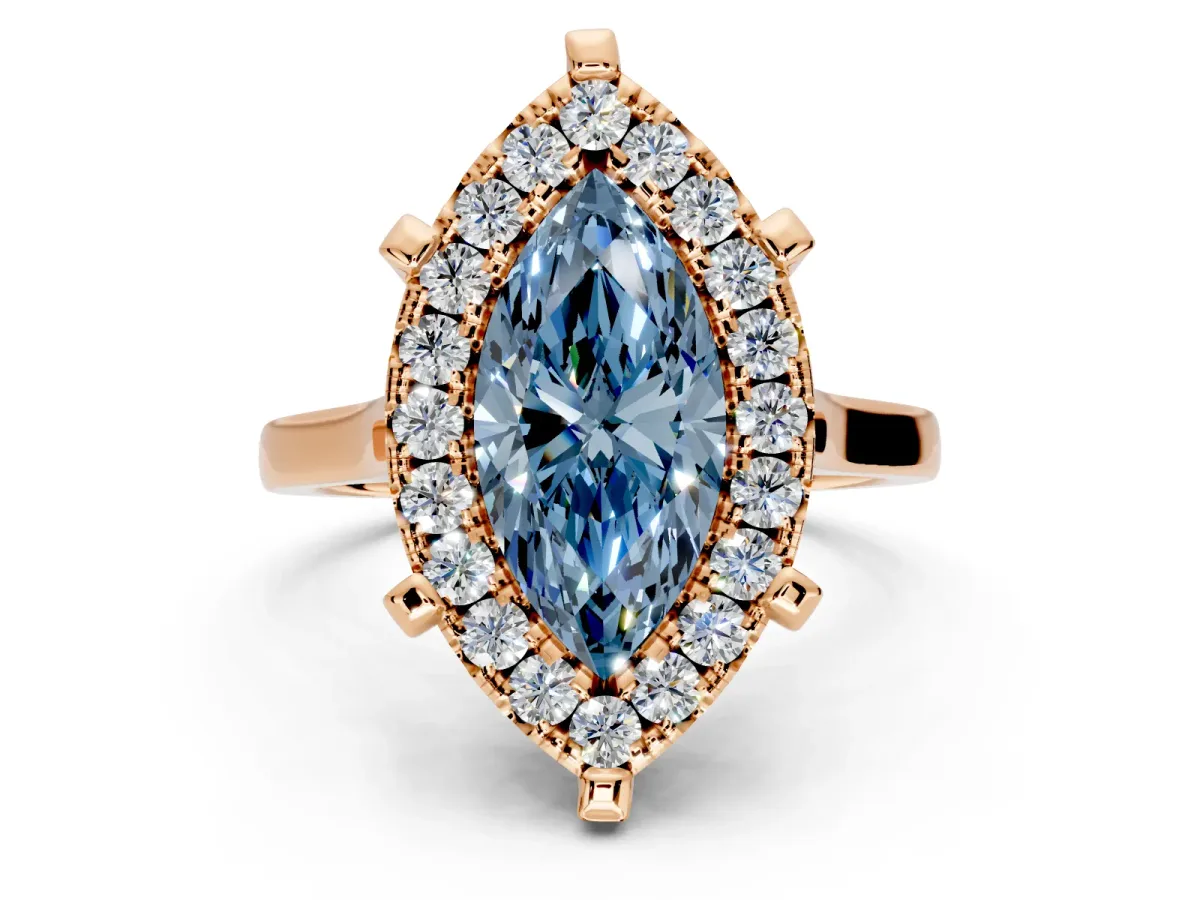 Single Halo Engagement Ring Setting for Fancy Blue Marquise Center with Corner Claws, Plain Band and Prong Head in Rose Gold