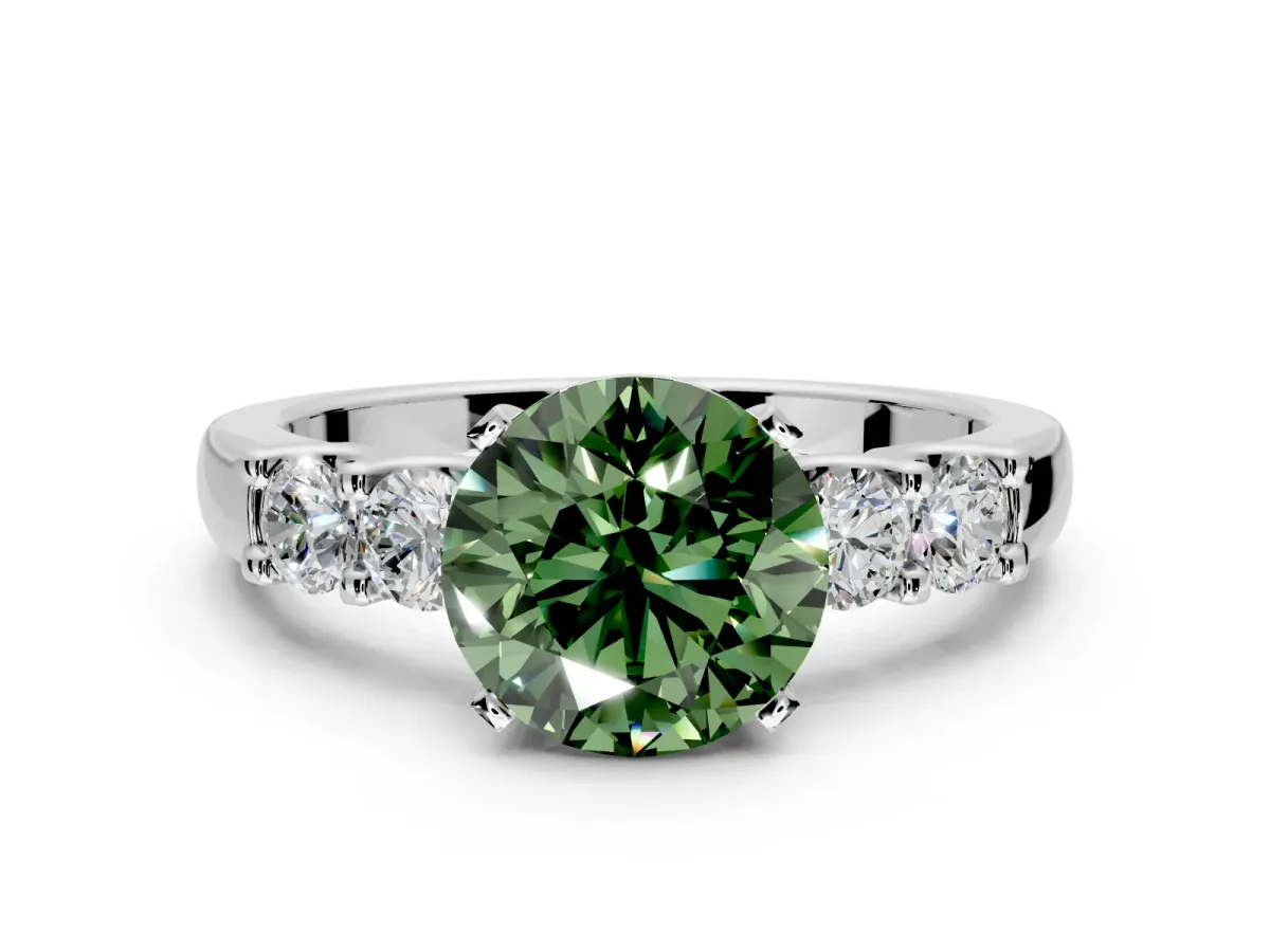 5 Stone Engagement Ring Setting for Fancy Green Round Cut Center with Plain Band and Prong Head in White Gold
