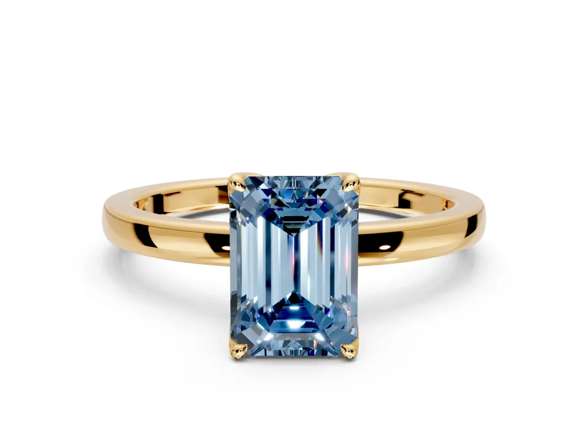 Solitaire Engagement Ring Setting for Fancy Blue Emerald Cut Center with Thin Rounded Plain Band and Prong Head in Yellow Gold