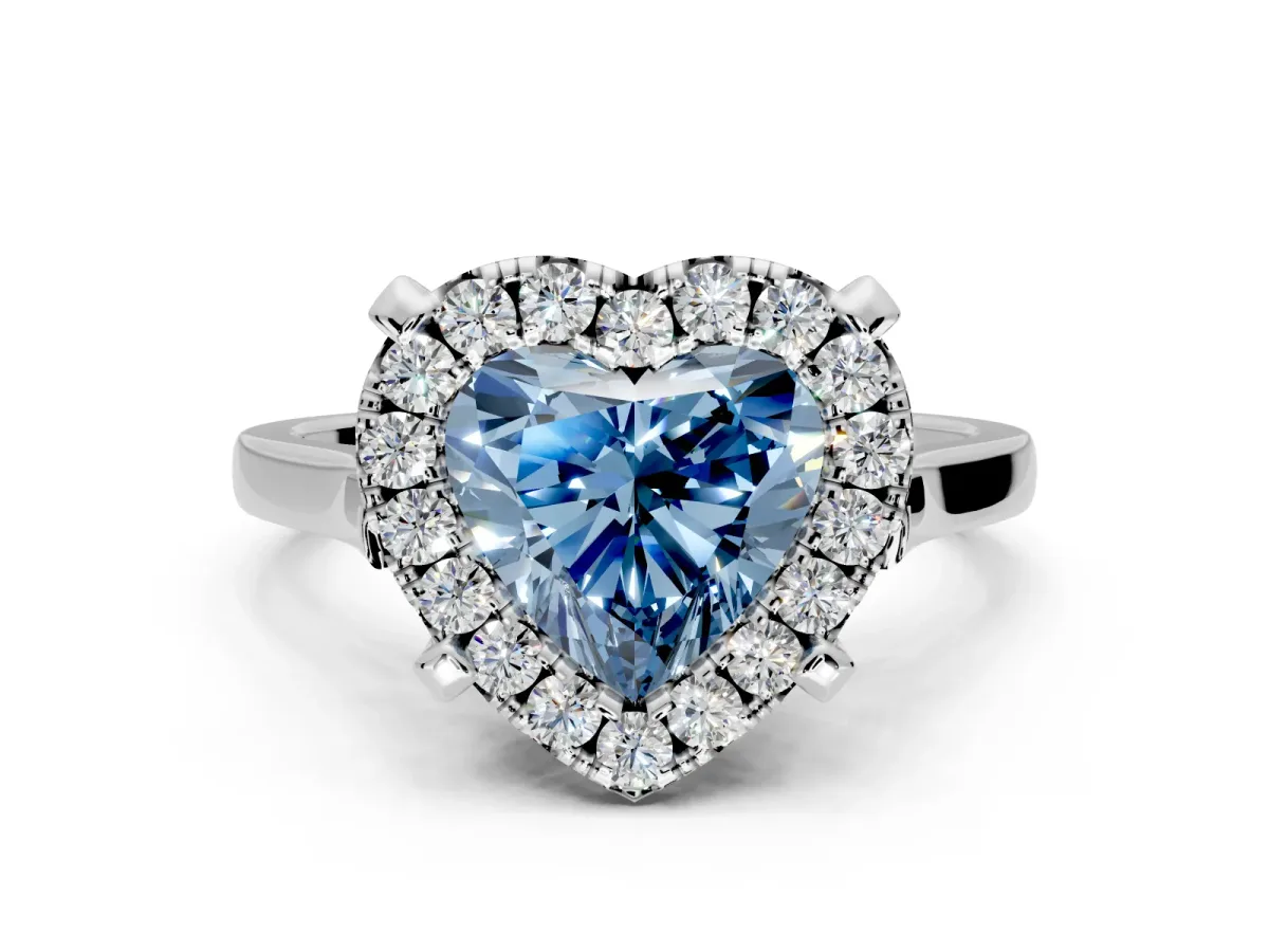 Single Halo Engagement Ring Setting for Fancy Blue Heart-Shaped Center with Corner Claws, Plain Band and Prong Head in Sterling Silver