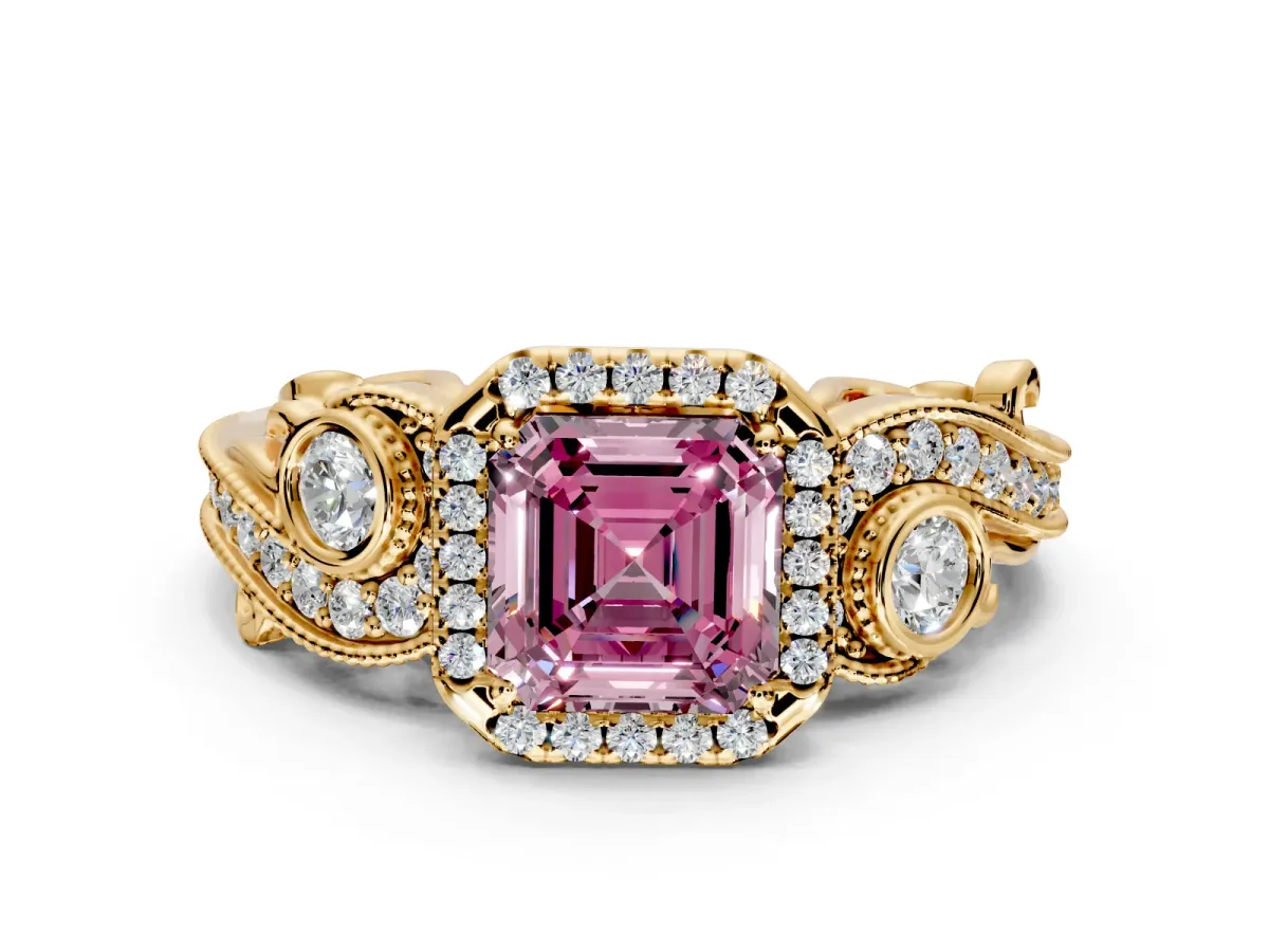 Milgrain Halo Engagement Ring Setting for Fancy Pink Asscher Cut Center with Shoulder Bezels and Prong Head in Yellow Gold