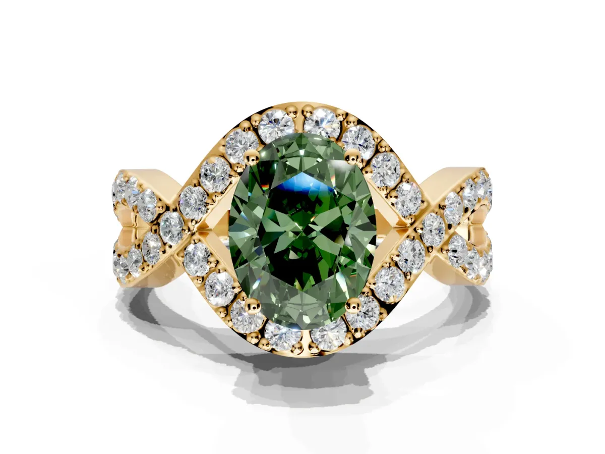 Halo Engagement Ring Setting for Fancy Green Oval Center with Pave Infinity Twist Band and Prong Head in Yellow Gold