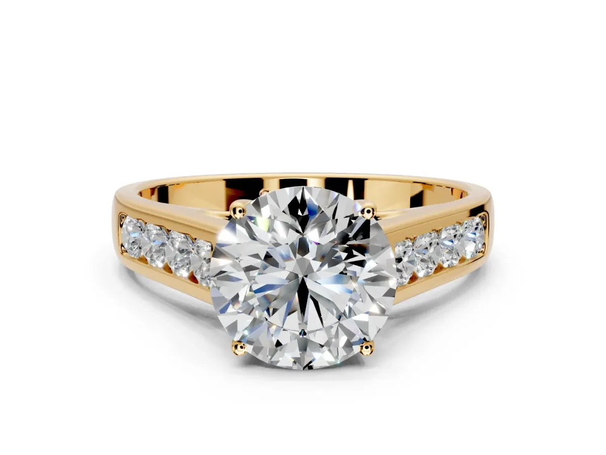 Solitaire Engagement Ring Setting for Round Cut Center with Cathedral Channel Band and Prong Head in Yellow Gold