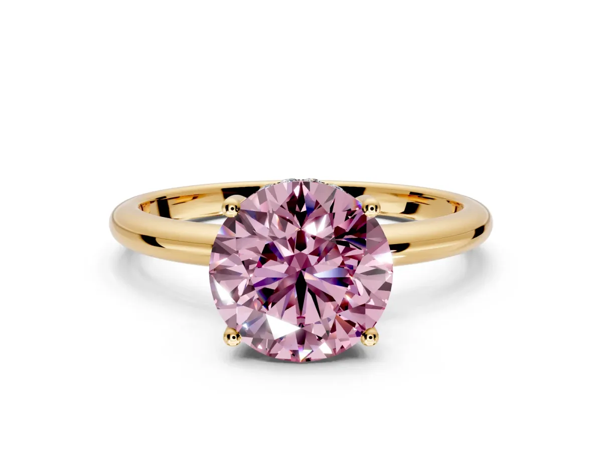 Hidden Halo Engagement Ring Setting for Fancy Pink Round Cut Center with Thin Round-Wire Band and Prong Head in Yellow Gold