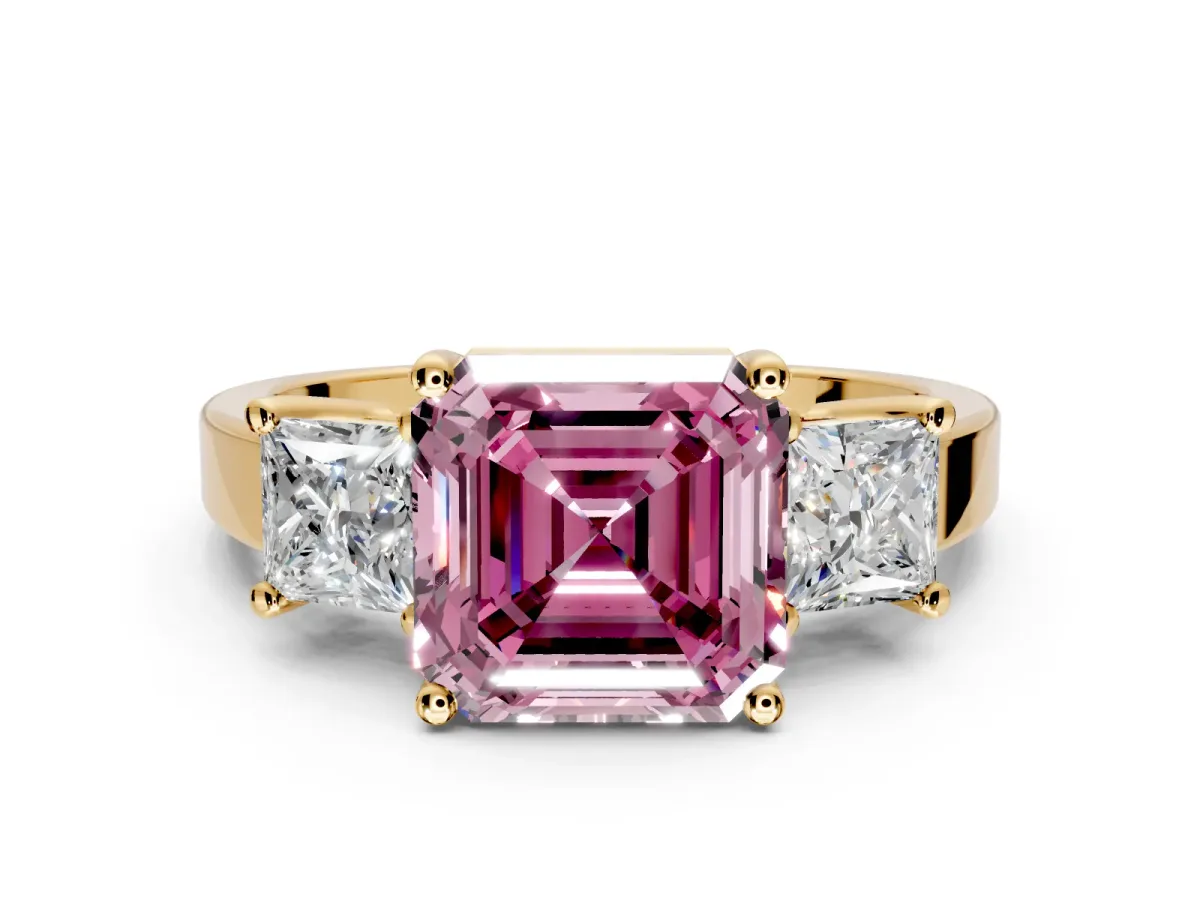 3 Stone Engagement Ring Setting for Fancy Pink Asscher Cut Center with Matching Side Accents and Prong Head in Yellow Gold