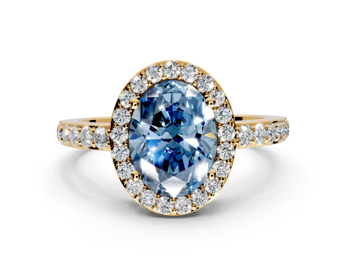 Halo Engagement Ring Setting for Fancy Blue Oval Center with Heart-Shaped Openwork, Pave Band and Prong Head in Yellow Gold