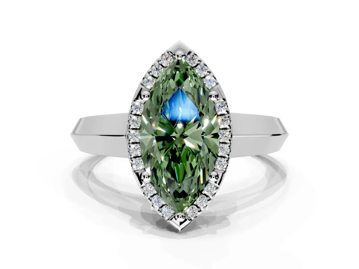 Halo Engagement Ring Setting for Fancy Green Marquise Center with Knife Ridge Cathedral Band and Prong Head in Sterling Silver