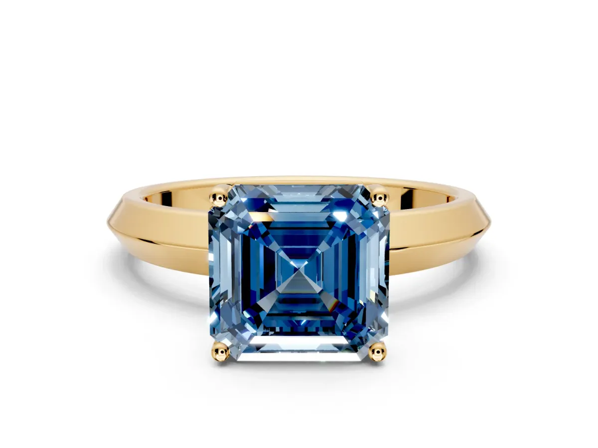 Solitaire Engagement Ring Setting for Fancy Blue Asscher Cut Center with Wide Knife Ridge Band and Prong Head in Yellow Gold