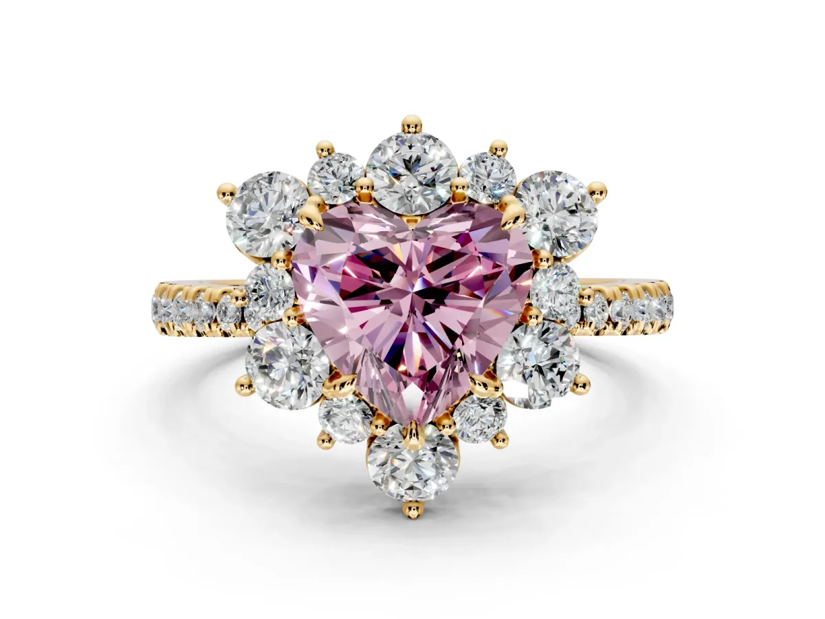 Floral Halo Engagement Ring Setting for Fancy Pink Heart-Shaped Center with Pave Accents and Prong Head in Yellow Gold