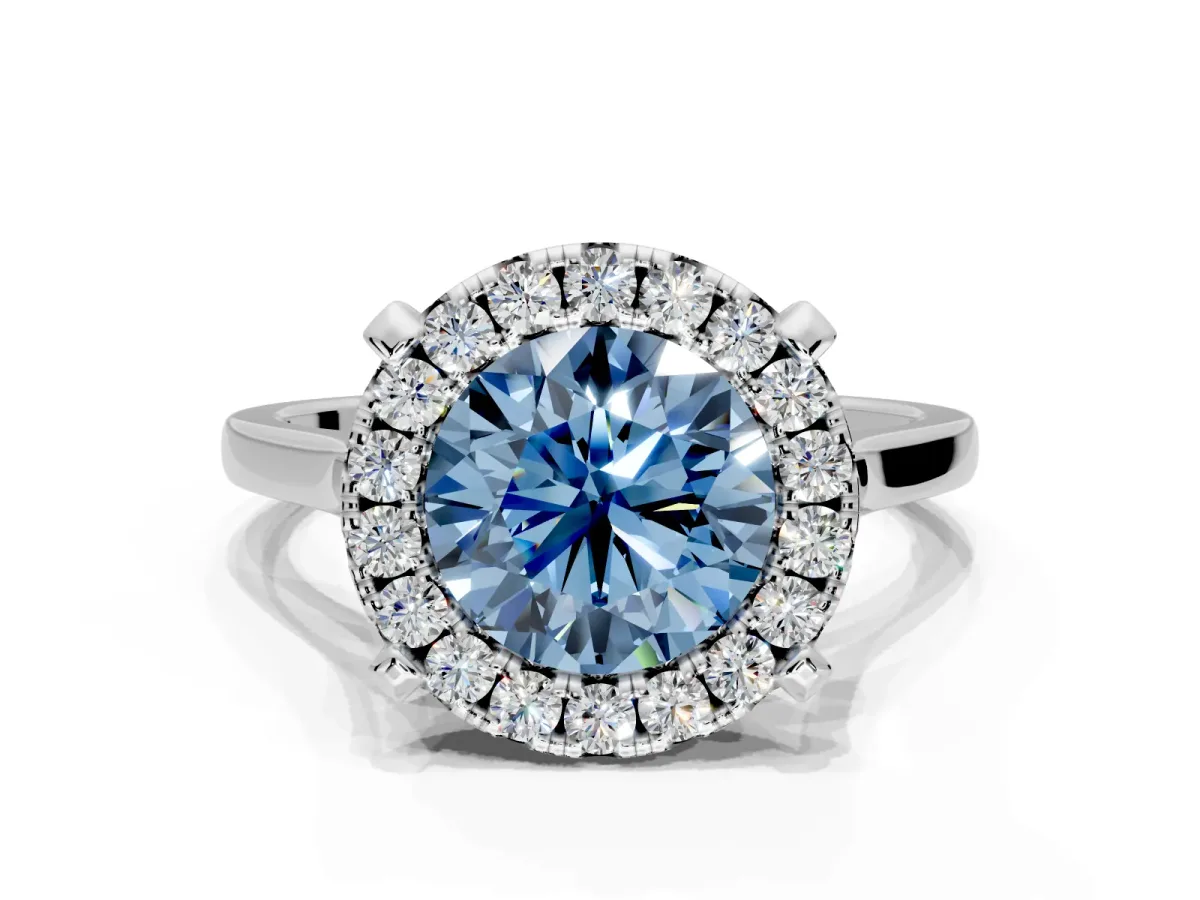 Single Halo Engagement Ring Setting for Fancy Blue Round Cut Center with Corner Claws, Plain Band and Prong Head in White Gold