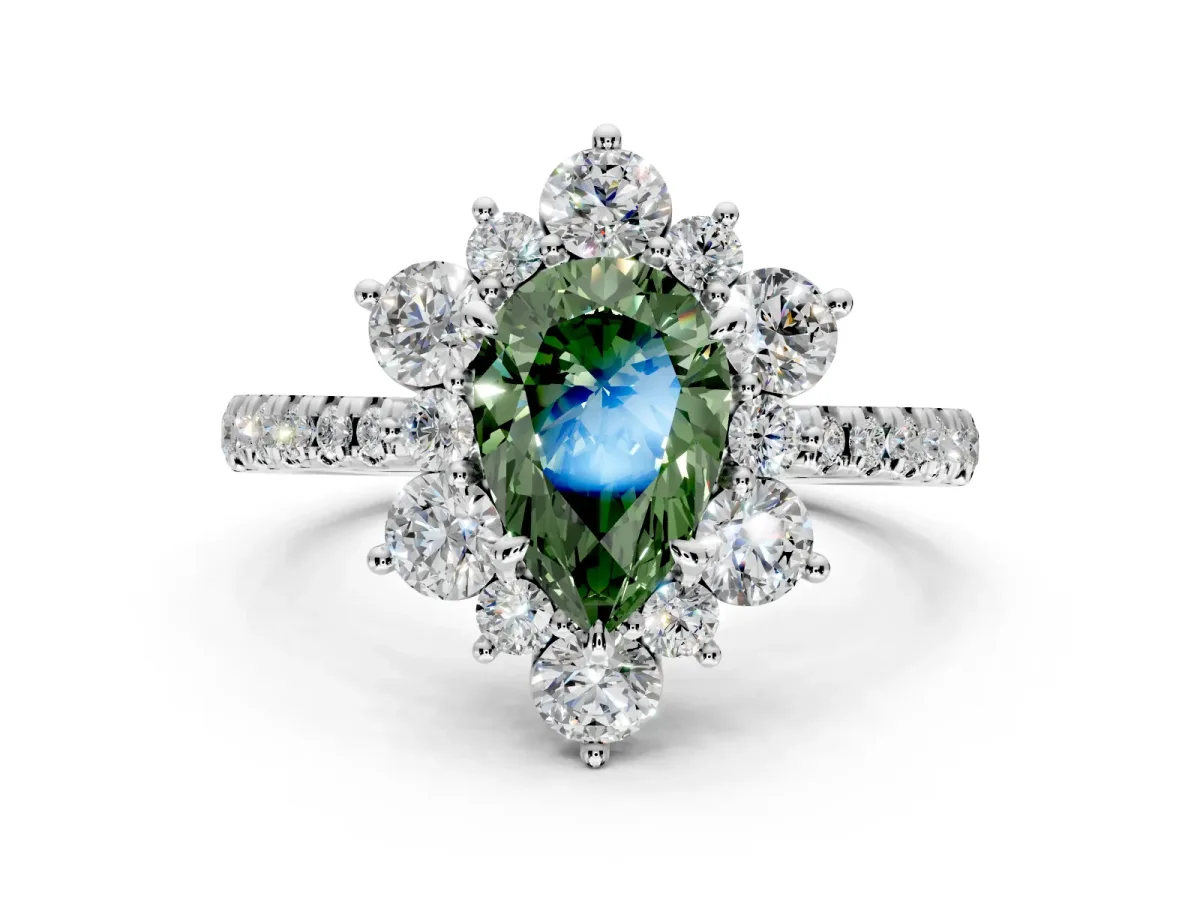 Floral Halo Engagement Ring Setting for Fancy Green Pear-Shaped Center with Pave Accents and Prong Head in Platinum