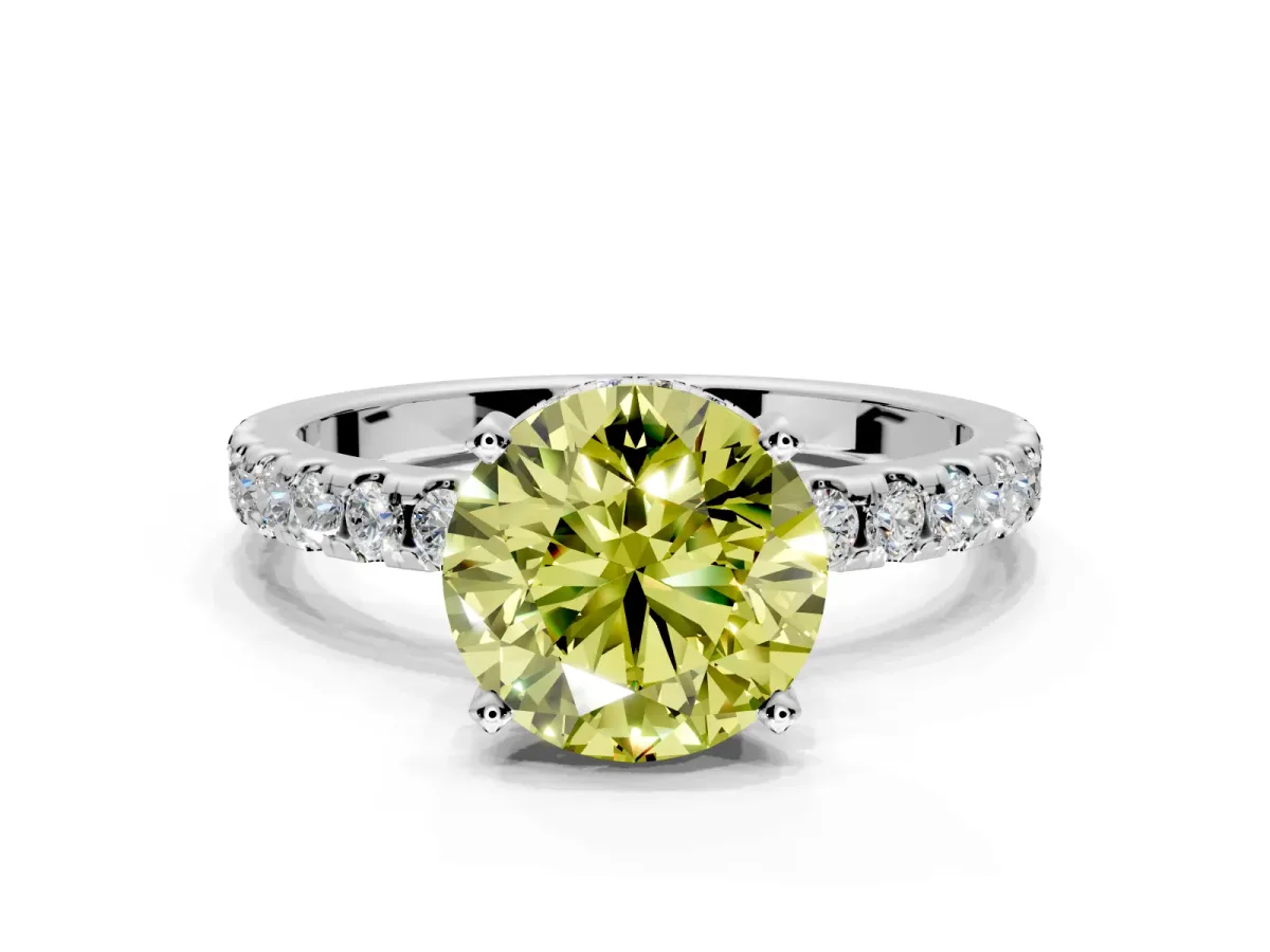 Solitaire Engagement Ring Setting for Fancy Yellow Round Cut Center with Band of Accents and Prong Head in Platinum