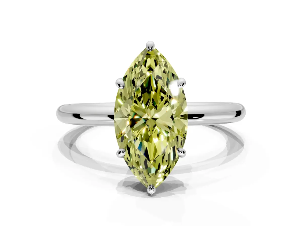 Low-Set Solitaire Engagement Ring Setting for Fancy Yellow Marquise Center with Thin Plain Band and Prong Head in Platinum