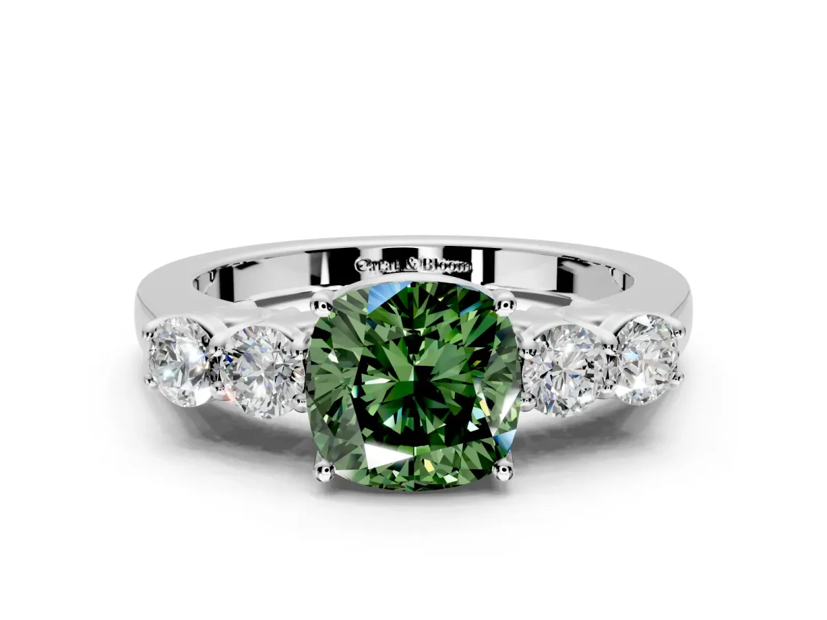 5 Stone Engagement Ring Setting for Fancy Green Cushion Cut Center with Equal Close-Set Accents and Prong Head in Platinum