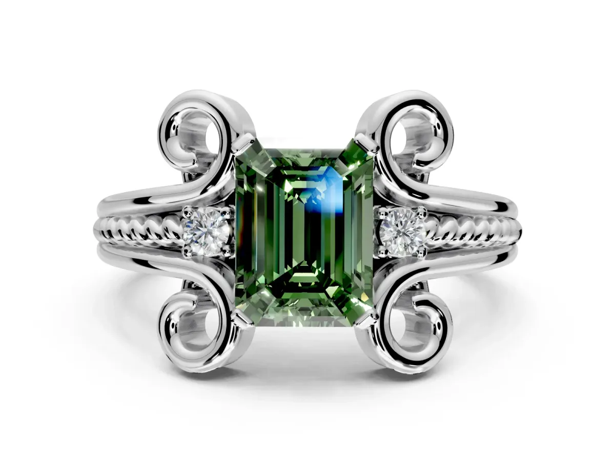 Solitaire Engagement Ring Setting for Fancy Green Emerald Cut Center with Twisted Band and Scroll Prong Head in White Gold
