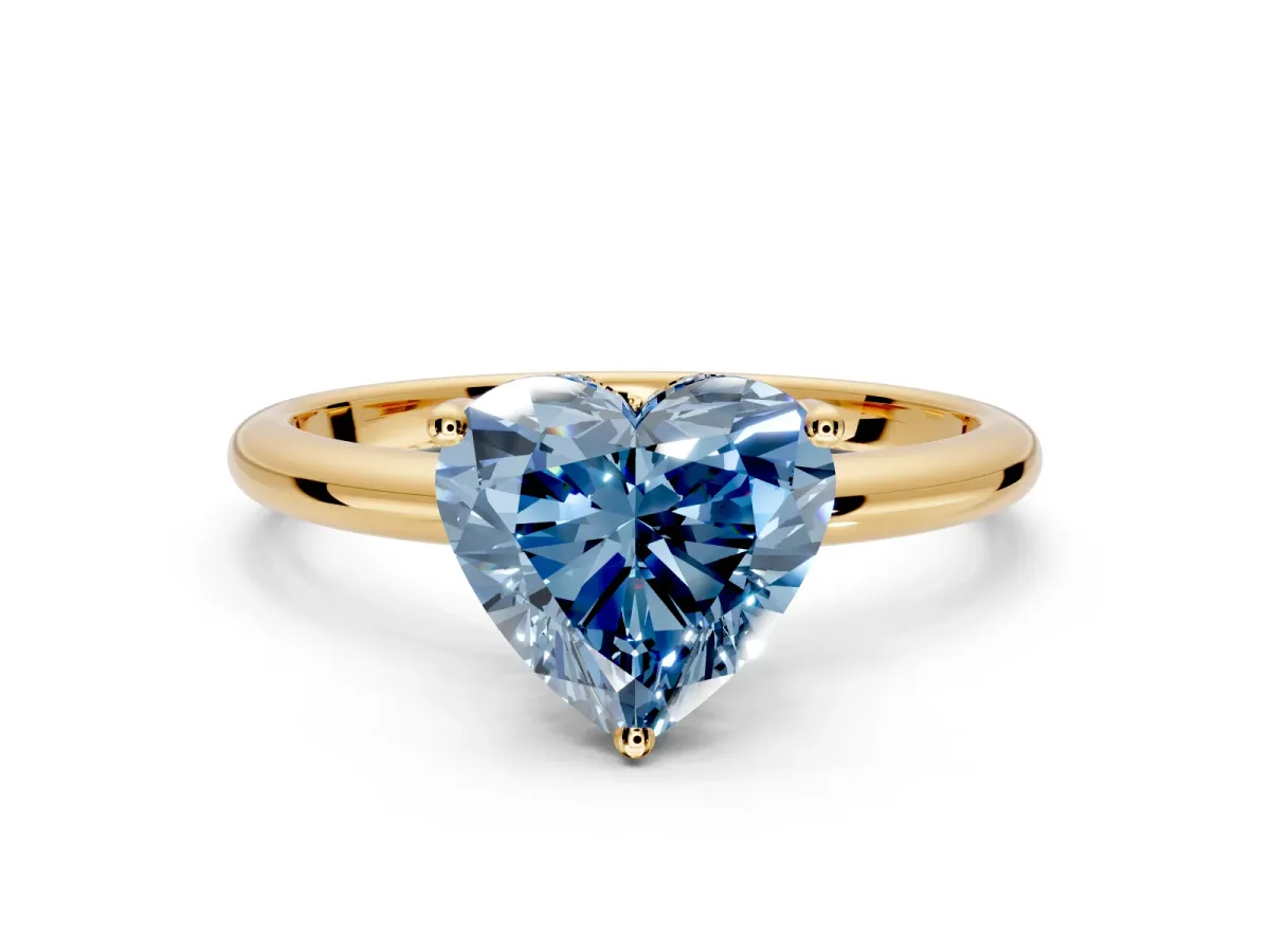 Hidden Halo Engagement Ring Setting for Fancy Blue Heart-Shaped Center with Thin Round-Wire Band and Prong Head in Yellow Gold