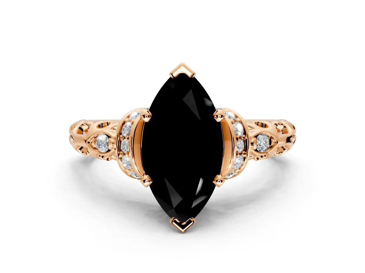 Solitaire Engagement Ring Setting for Fancy Black Marquise Center with Filigree Band and Prong Head in Rose Gold