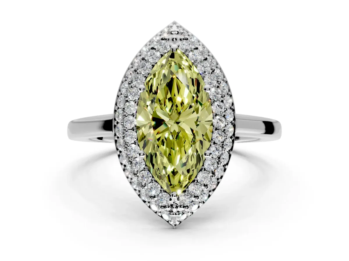 Halo Engagement Ring Setting for Fancy Yellow Marquise Center with Plain Tapered Band and Prong Head in White Gold