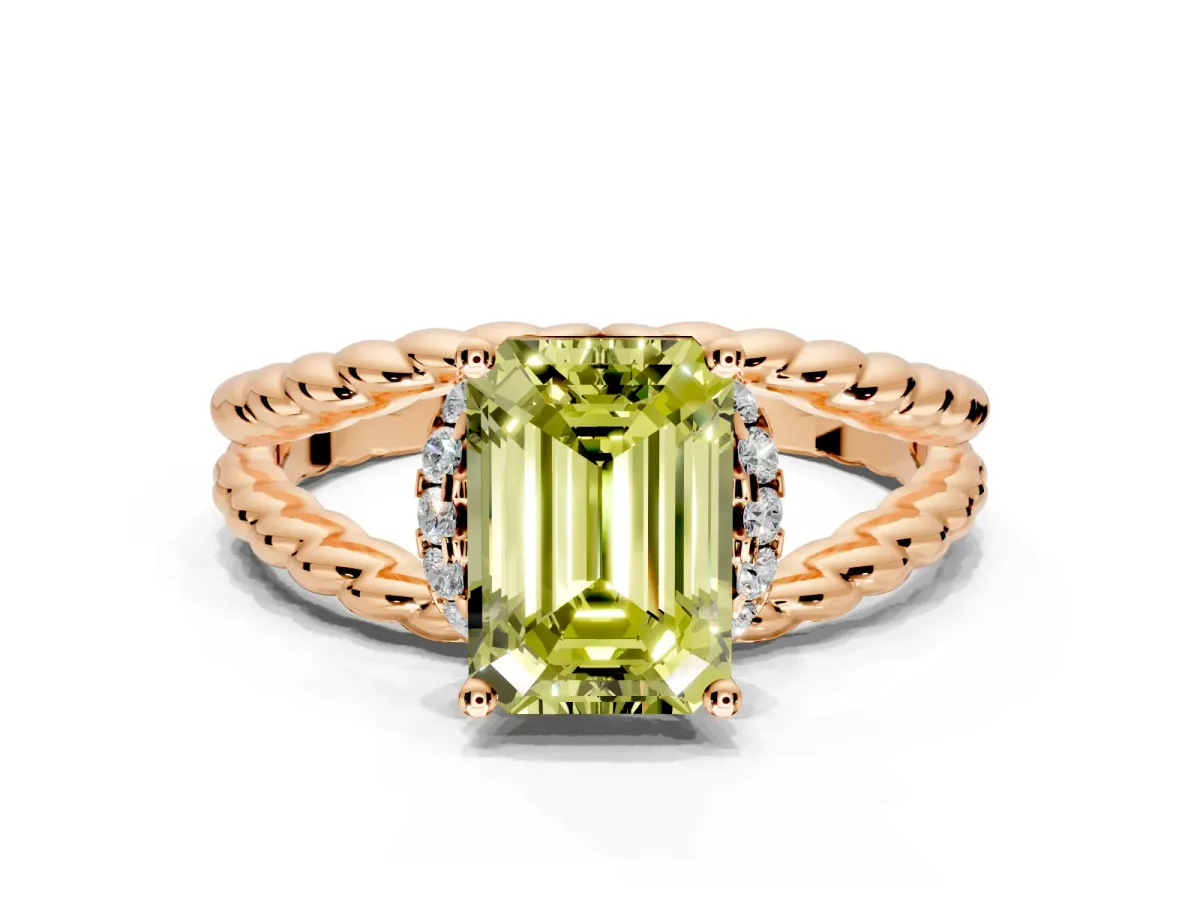 Halo Engagement Ring Setting for Fancy Yellow Emerald Cut Center with Rope Twist Split Shank and Prong Head in Rose Gold