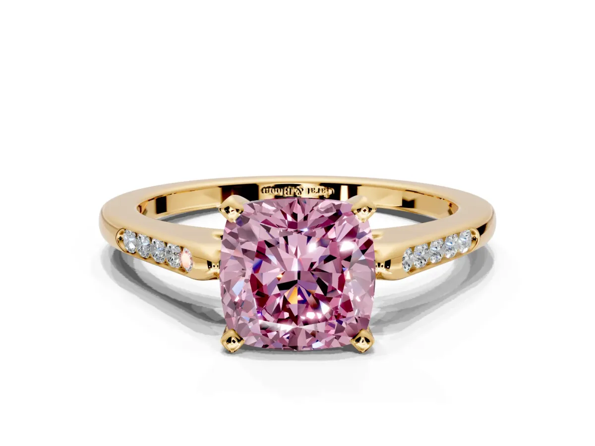 Solitaire Engagement Ring Setting for Fancy Pink Cushion Cut Center with Channel Accents and Prong Head in Yellow Gold