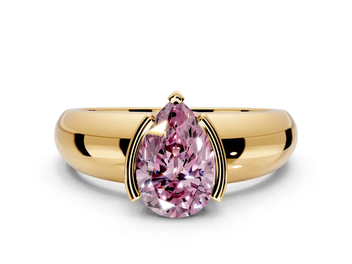 Tension Engagement Ring Setting for Fancy Pink Pear-Shaped Center with Wide Flat Band and Tension Head in Yellow Gold