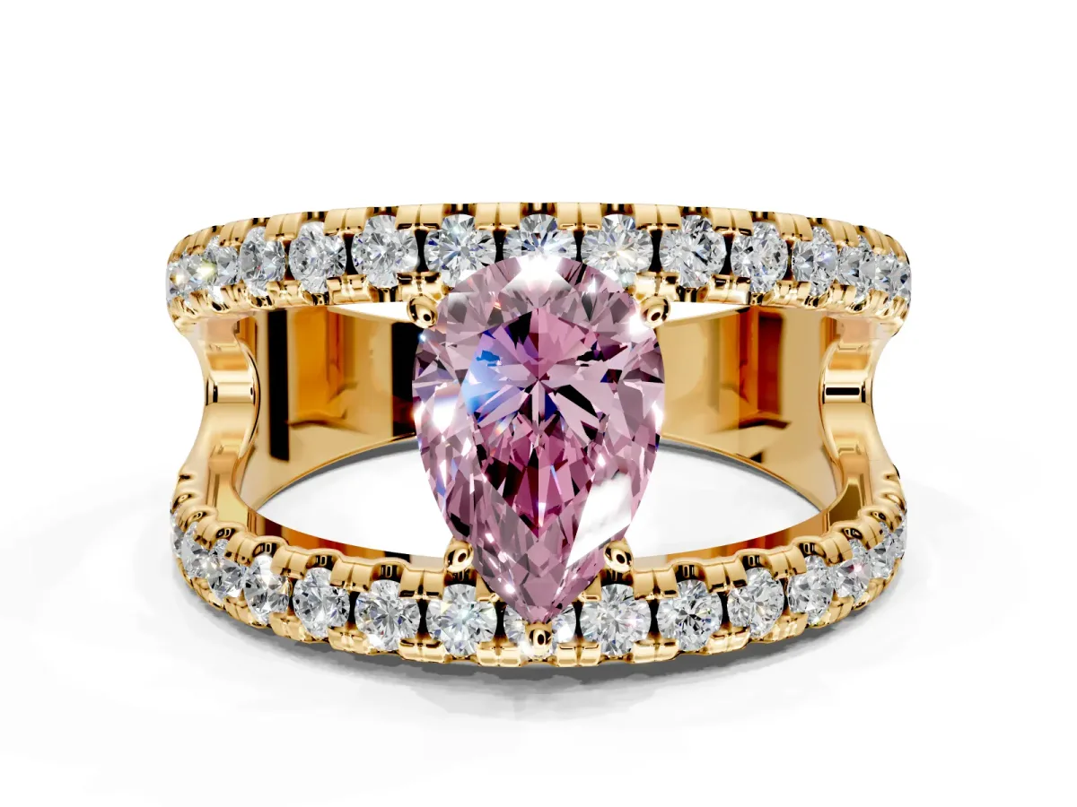 Solitaire Engagement Ring Setting for Fancy Pink Pear-Shaped Center with Wide-Open Split Shank and Prong Head in Yellow Gold