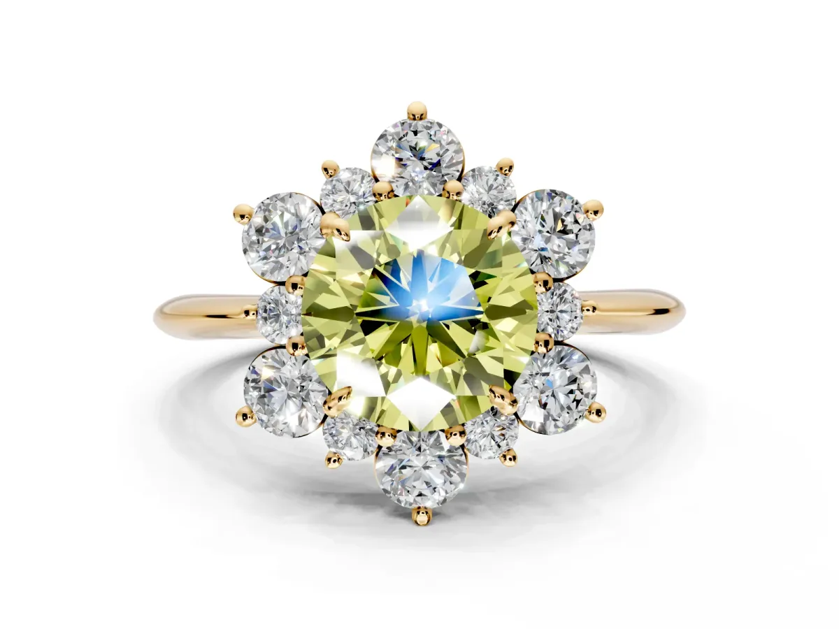 Small-Accent Cluster Halo Engagement Ring Setting for Fancy Yellow Round Cut Center with Plain Band and Prong Head in Yellow Gold