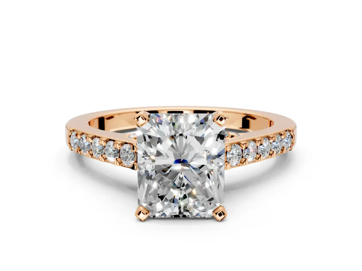 Solitaire Engagement Ring Setting for Radiant Cut Center with Crossover Accents and Prong Head in Rose Gold