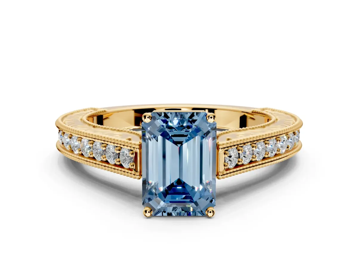 Solitaire Engagement Ring Setting for Fancy Blue Emerald Cut Center with Engraved Pave Band and Prong Head in Yellow Gold