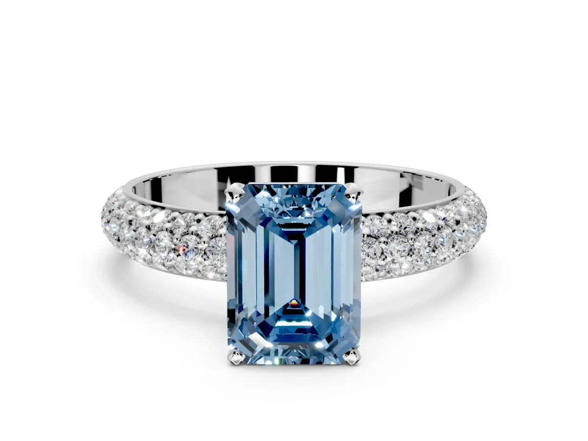 Solitaire Engagement Ring Setting for Fancy Blue Emerald Cut Center with Domed Multi-Row Pave Band and Prong Head in Platinum