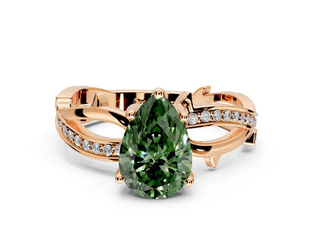 Solitaire Engagement Ring Setting for Fancy Green Pear-Shaped Center with Pave and Plain Crossover Band and Prong Head in Rose Gold