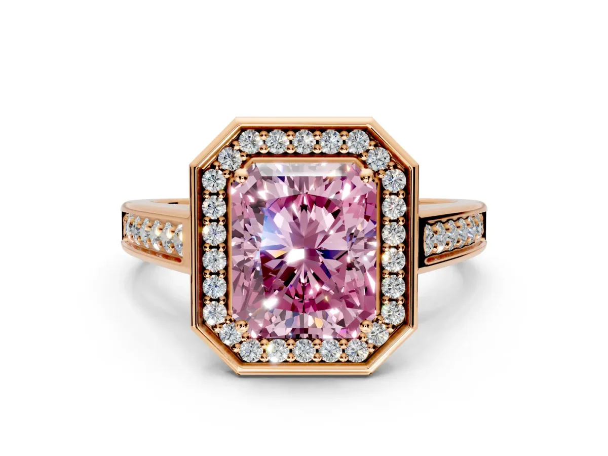 Halo Engagement Ring Setting for Fancy Pink Emerald Cut Center with Outer Bezel Rim, Pave Band and Prong Head in Rose Gold