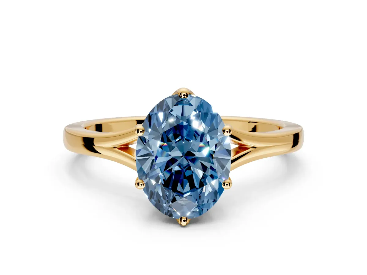 Solitaire Engagement Ring Setting for Fancy Blue Oval Center with Plain Split Shank and Prong Head in Yellow Gold