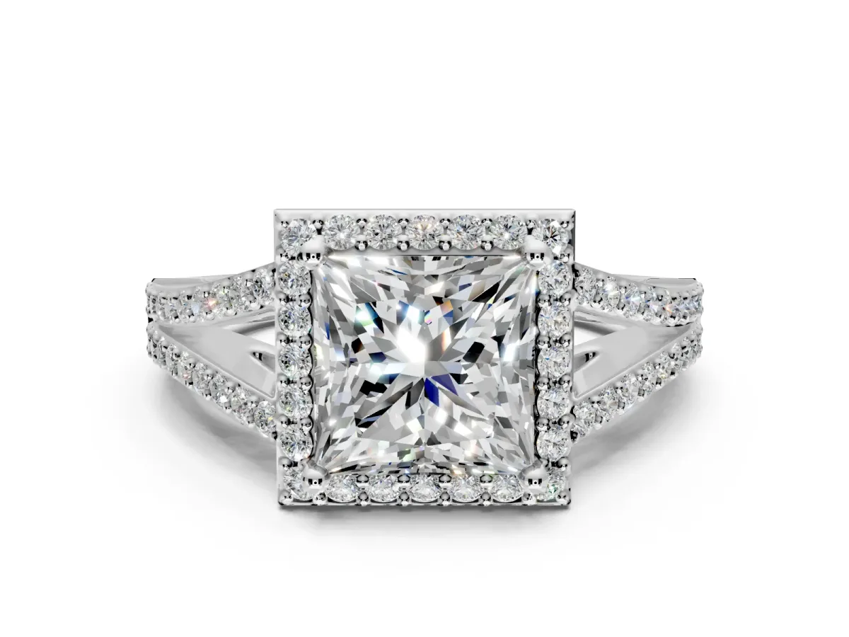 Halo Engagement Ring Setting for Princess Cut Center with Pave Split Shank and Prong Head in Platinum
