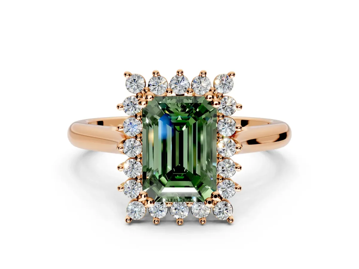 Starburst Halo Engagement Ring Setting for Fancy Green Emerald Cut Center with Thin Round-Wire Band and Prong Head in Rose Gold