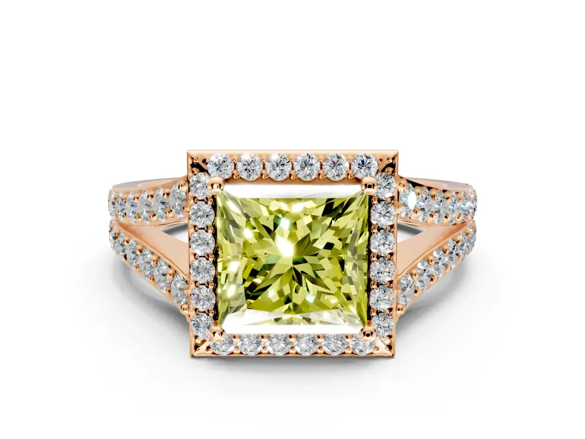 Halo Engagement Ring Setting for Fancy Yellow Princess Cut Center with Narrow Pave Split Shank and Prong Head in Rose Gold