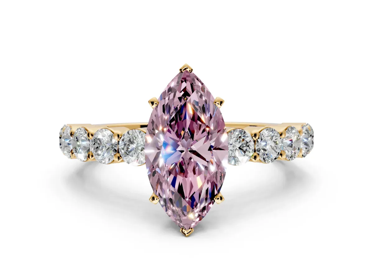Shared-Prong Engagement Ring Setting for Fancy Pink Marquise Center with Graduated Accents and Prong Head in Yellow Gold