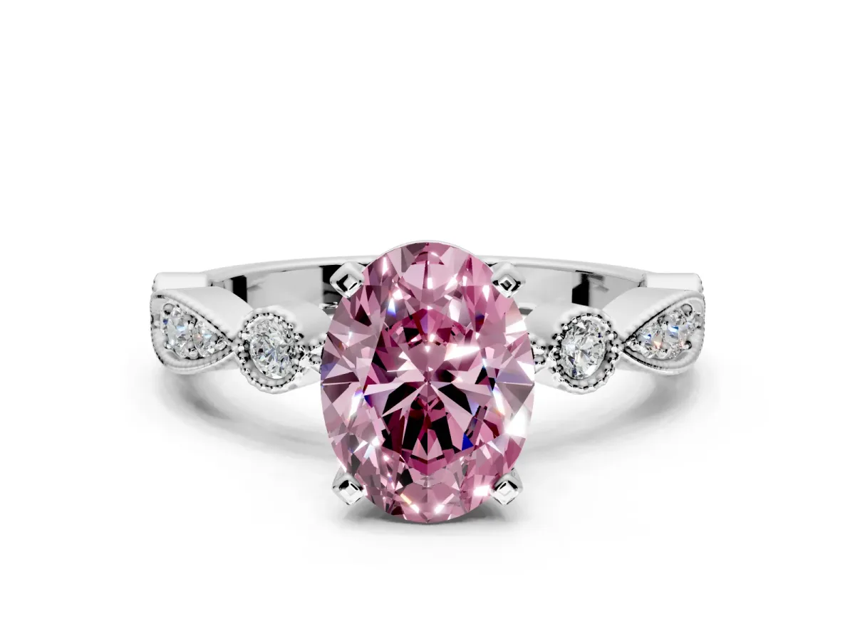 Solitaire Engagement Ring Setting for Fancy Pink Oval Center with Milgrain Bezel Accents and Prong Head in Platinum