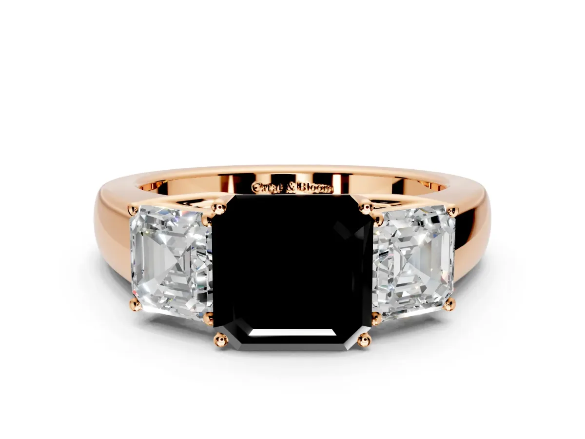 3 Stone Engagement Ring Setting for Fancy Black Asscher Cut Center with Raised Basket Heads and Prong Head in Rose Gold