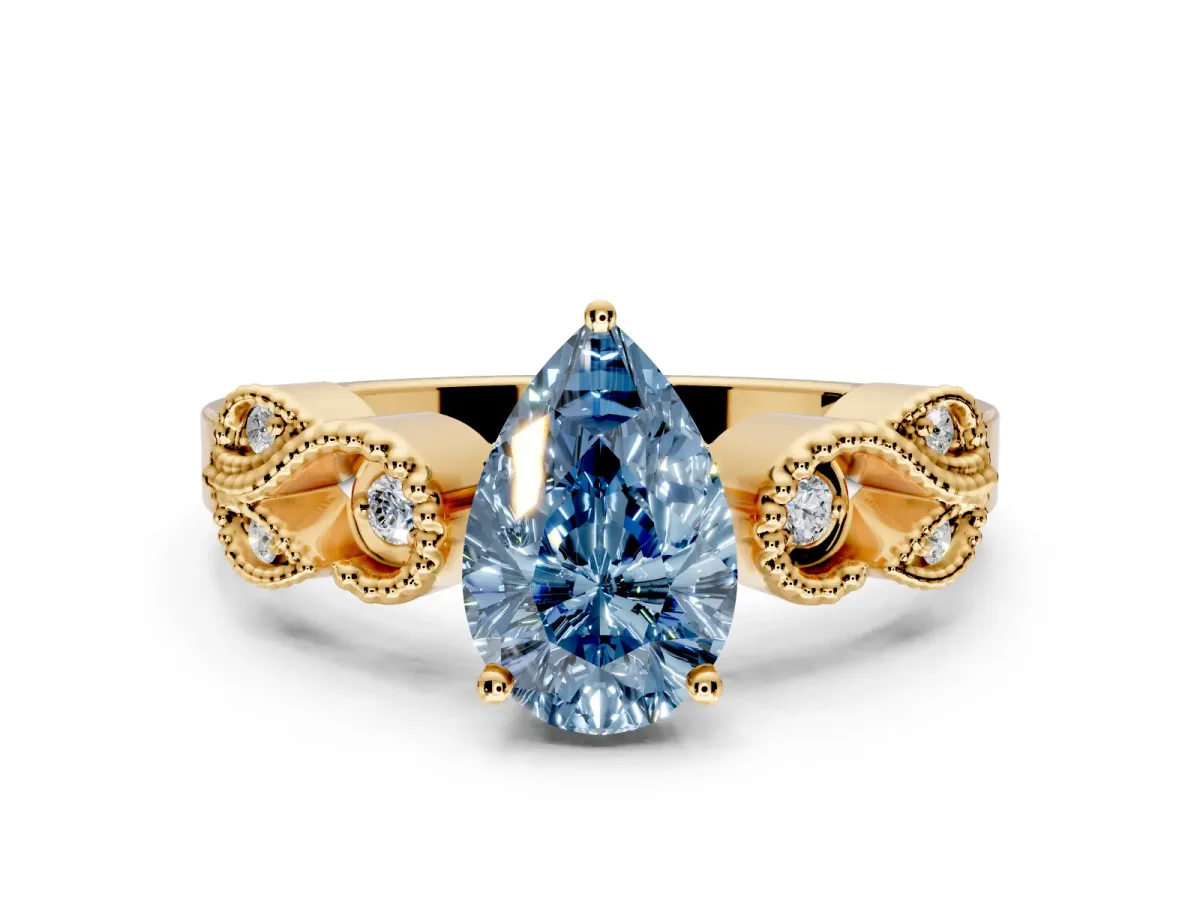 Leaf Engagement Ring Setting for Fancy Blue Pear-Shaped Center with Milgrain Accent Band and Prong Head in Yellow Gold