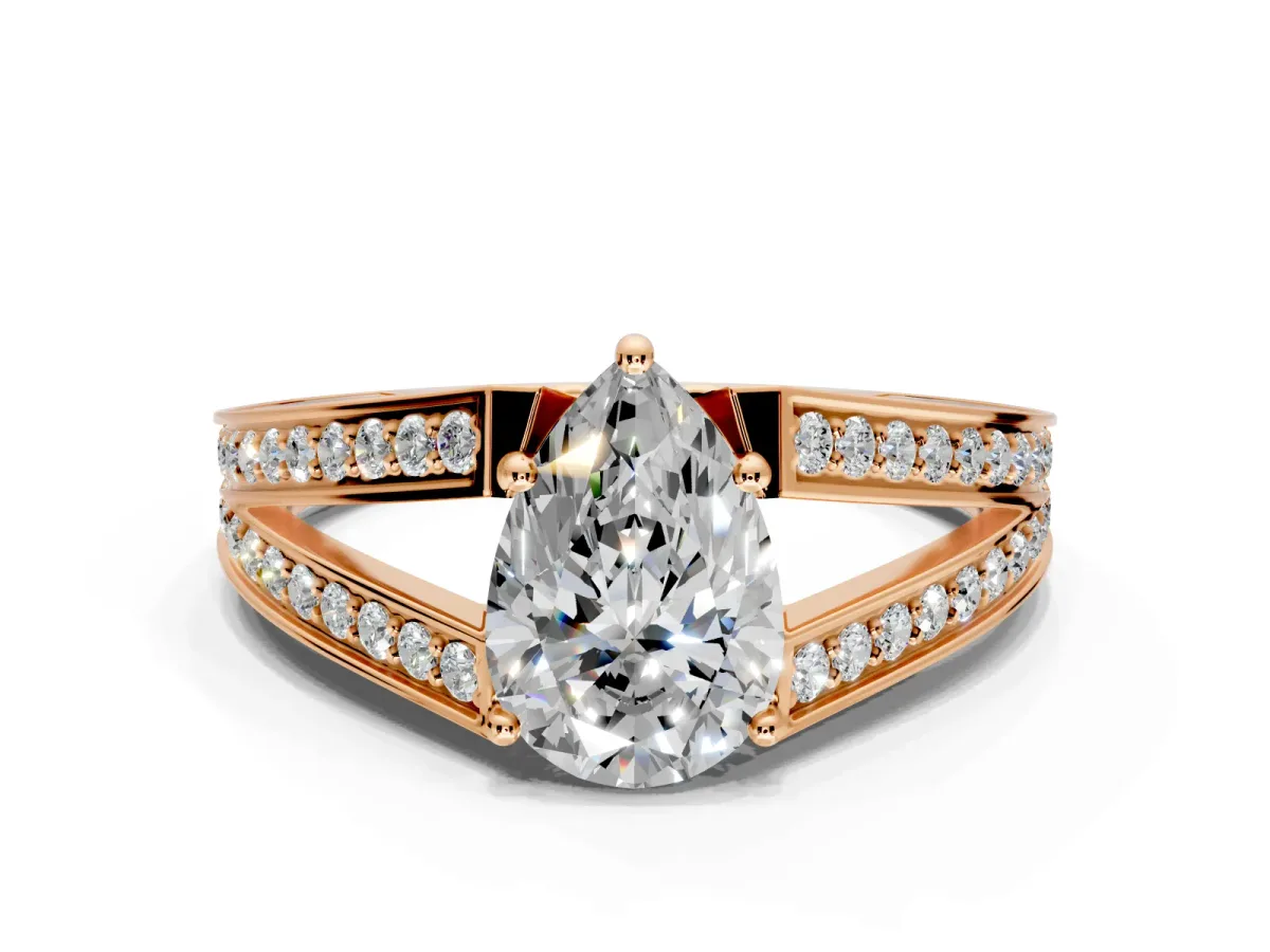 Split Shank Engagement Ring Setting for Pear-Shaped Center with Pave Split Shank and Prong Head in Rose Gold