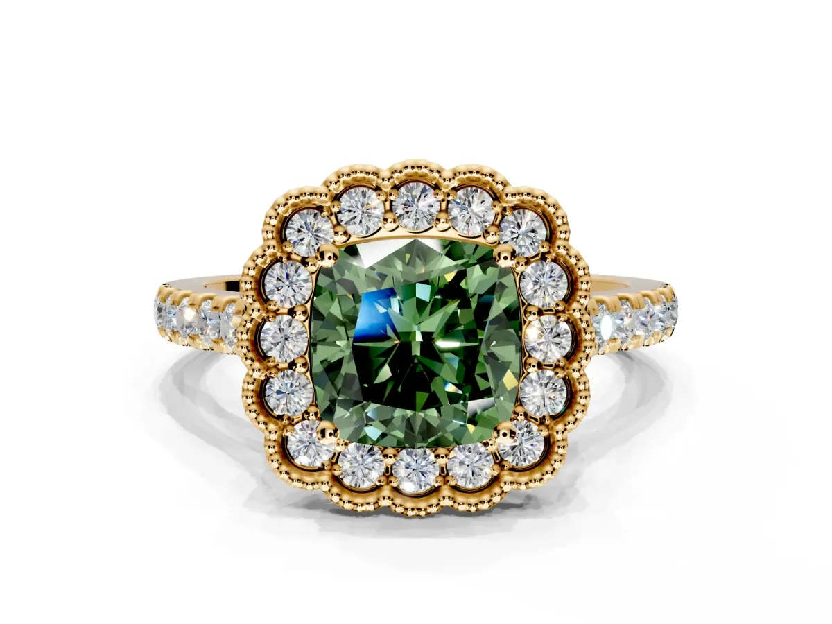 Milgrain Floral Halo Engagement Ring Setting for Fancy Green Cushion Cut Center with Pave Band and Prong Head in Yellow Gold