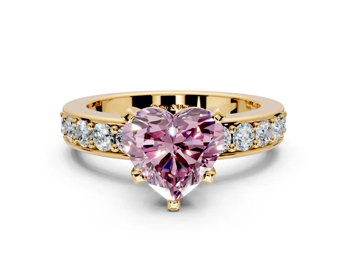Solitaire Engagement Ring Setting for Fancy Pink Heart-Shaped Center with Channel-Set Accents and Prong Head in Yellow Gold