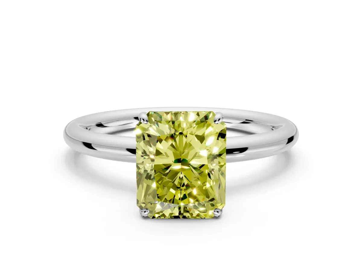 Low-Set Solitaire Engagement Ring Setting for Fancy Yellow Radiant Cut Center with Thin Plain Band and Prong Head in White Gold