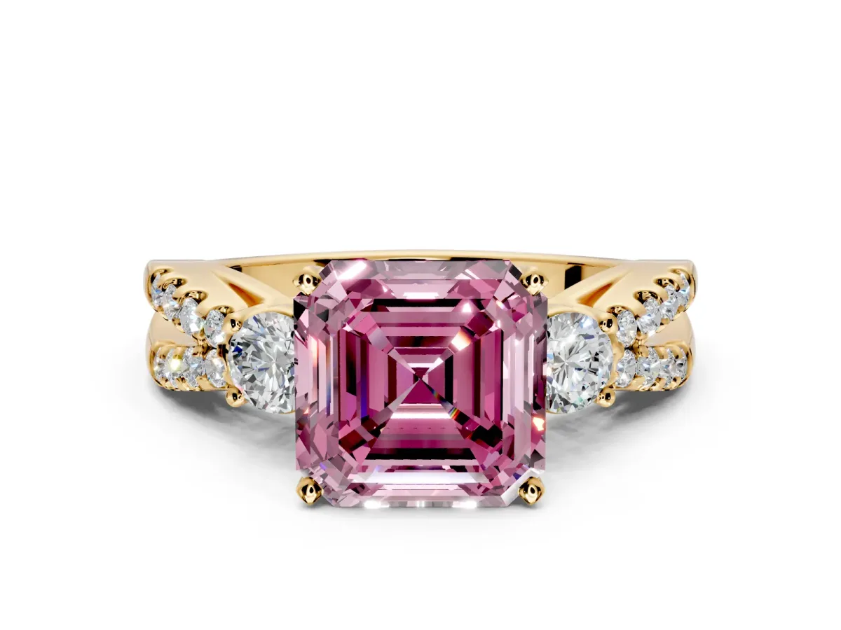 3 Stone Engagement Ring Setting for Fancy Pink Asscher Cut Center with Pave Split Shank and Prong Head in Yellow Gold