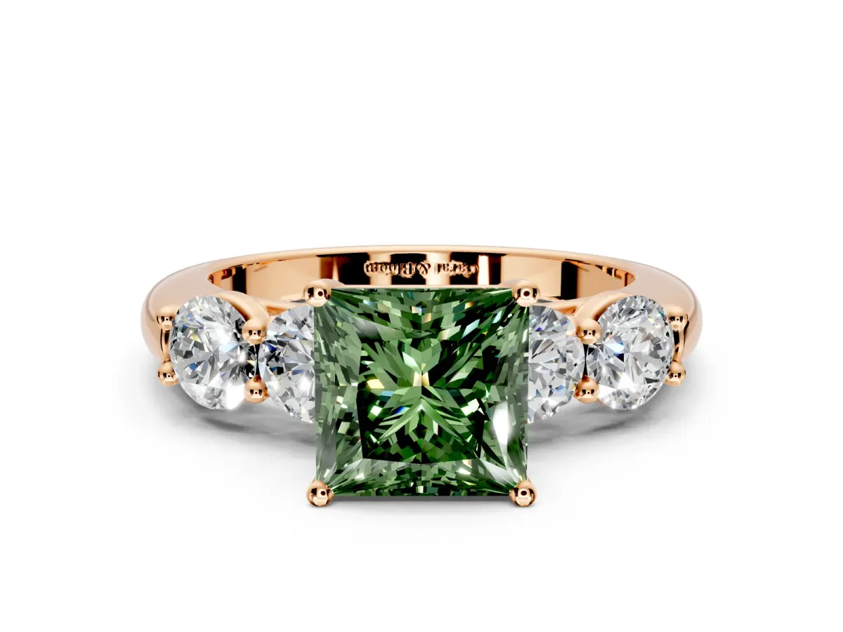 5 Stone Engagement Ring Setting for Fancy Green Princess Cut Center with Graduated Accents and Prong Head in Rose Gold