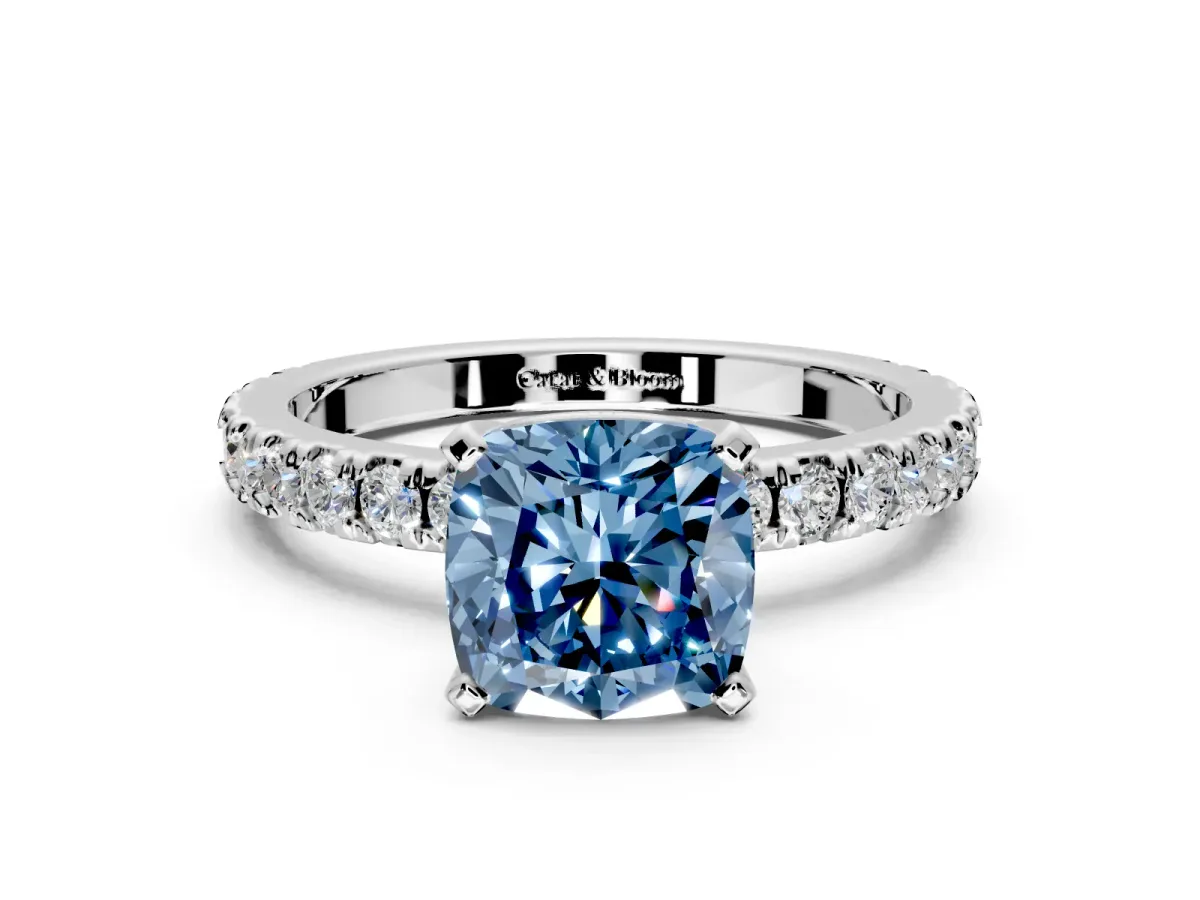 Solitaire Engagement Ring Setting for Fancy Blue Cushion Cut Center with Fine Pave Band and Claw Prong Head in Platinum