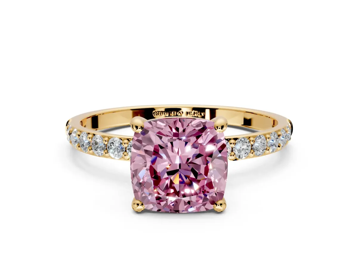 Solitaire Engagement Ring Setting for Fancy Pink Cushion Cut Center with Pave Accents and Prong Head in Yellow Gold