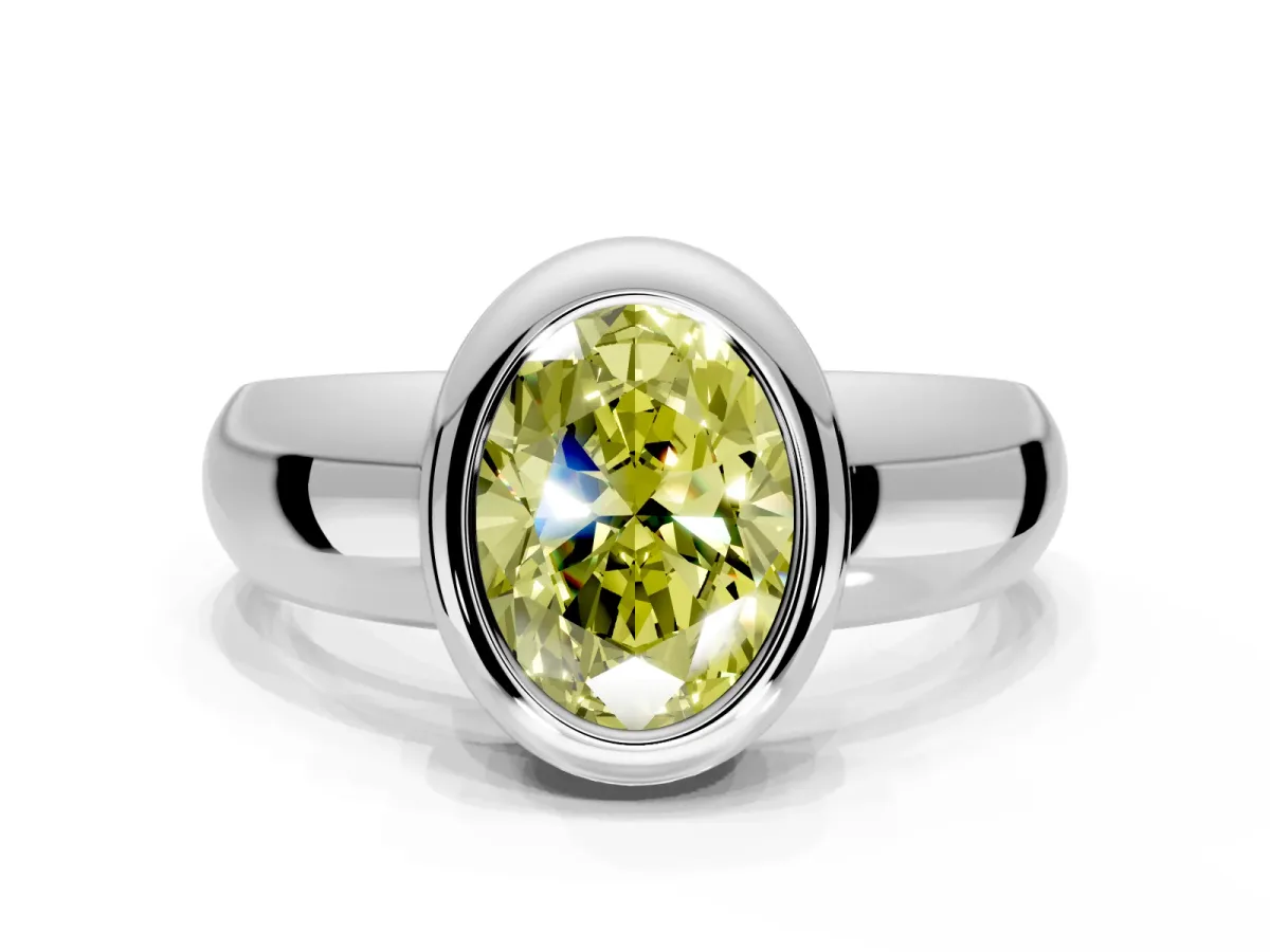 Solitaire Engagement Ring Setting for Fancy Yellow Oval Center with Wide Band and Bezel Head in White Gold
